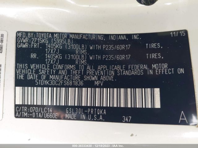 Photo 8 VIN: 5TDYK3DC2FS681836 - TOYOTA SIENNA 