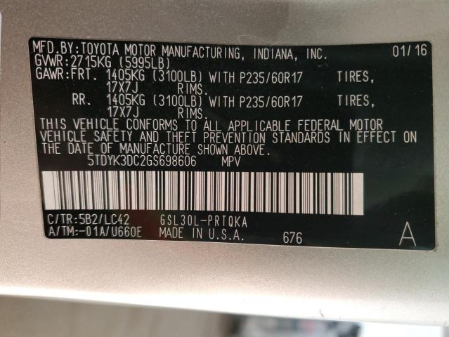 Photo 13 VIN: 5TDYK3DC2GS698606 - TOYOTA SIENNA XLE 