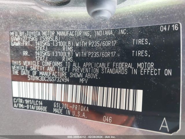 Photo 8 VIN: 5TDYK3DC2GS732494 - TOYOTA SIENNA 