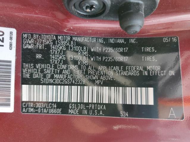 Photo 13 VIN: 5TDYK3DC2GS742328 - TOYOTA SIENNA XLE 