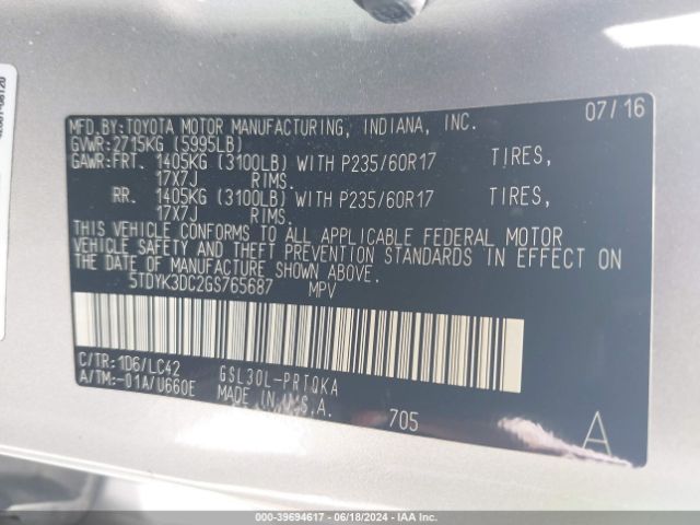 Photo 8 VIN: 5TDYK3DC2GS765687 - TOYOTA SIENNA 