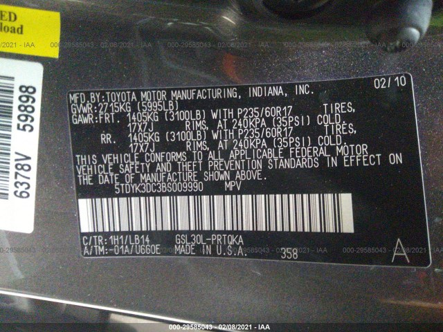 Photo 8 VIN: 5TDYK3DC3BS009990 - TOYOTA SIENNA 