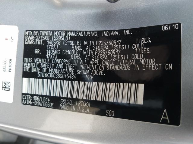 Photo 9 VIN: 5TDYK3DC3BS045484 - TOYOTA SIENNA XLE 