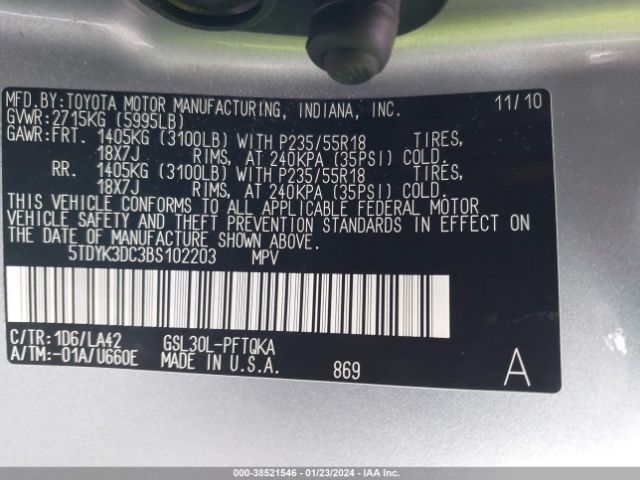 Photo 8 VIN: 5TDYK3DC3BS102203 - TOYOTA SIENNA 