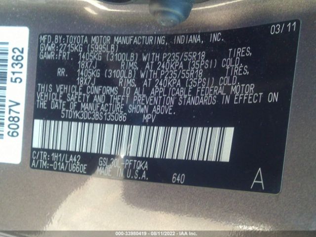 Photo 8 VIN: 5TDYK3DC3BS135086 - TOYOTA SIENNA 