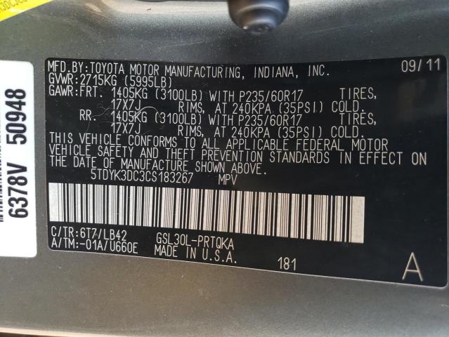 Photo 13 VIN: 5TDYK3DC3CS183267 - TOYOTA SIENNA XLE 