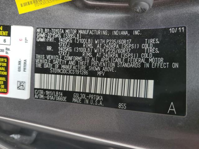 Photo 9 VIN: 5TDYK3DC3CS191286 - TOYOTA SIENNA XLE 