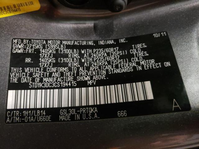 Photo 12 VIN: 5TDYK3DC3CS194415 - TOYOTA SIENNA XLE 