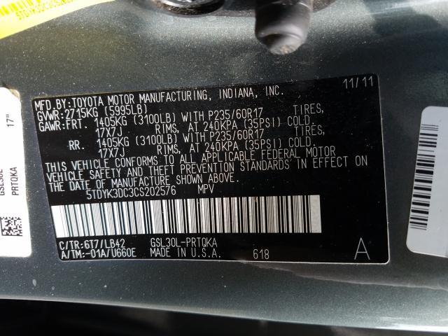 Photo 9 VIN: 5TDYK3DC3CS202576 - TOYOTA SIENNA XLE 