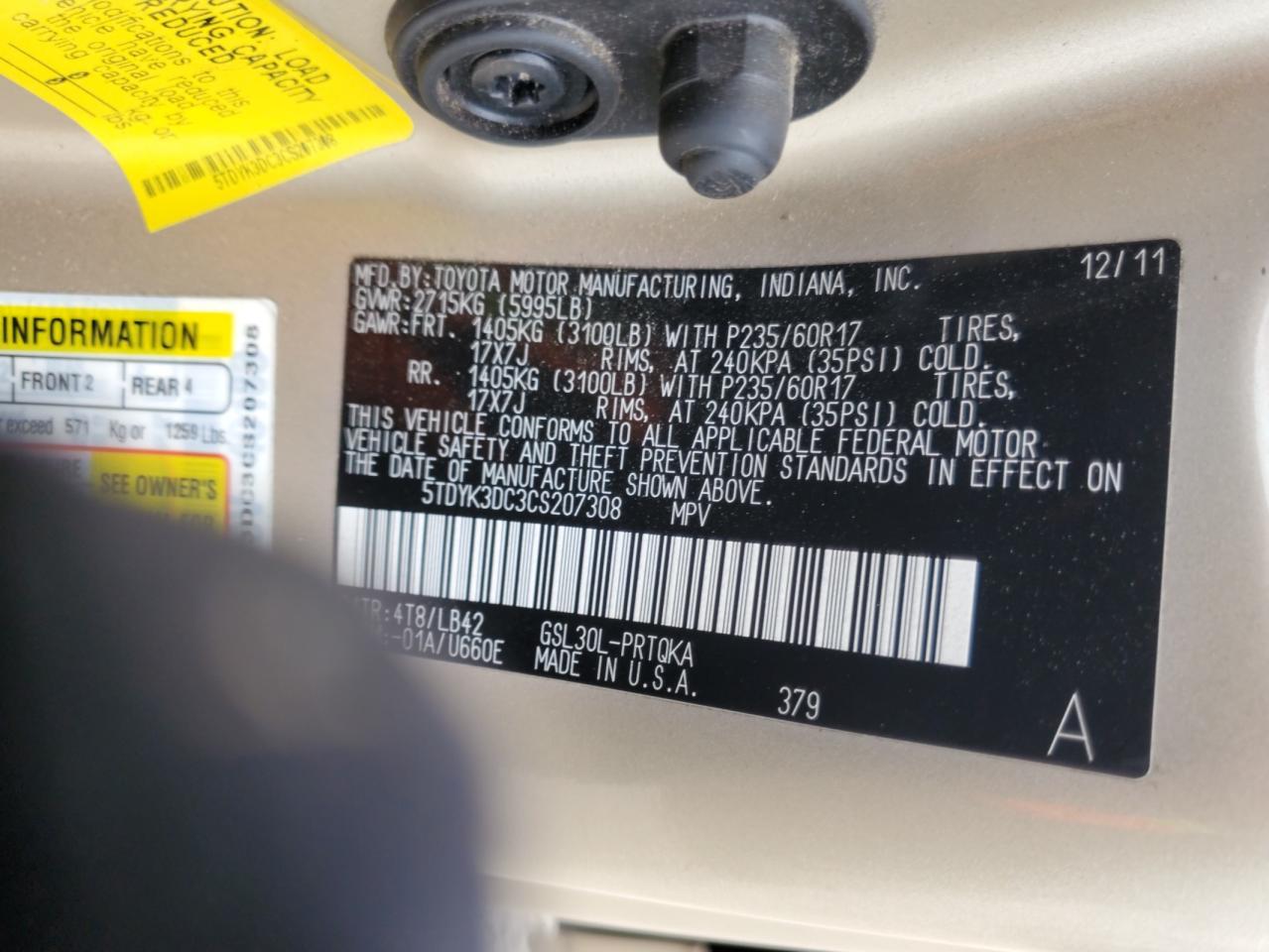 Photo 11 VIN: 5TDYK3DC3CS207308 - TOYOTA SIENNA 