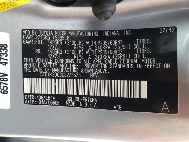 Photo 9 VIN: 5TDYK3DC3CS275575 - TOYOTA SIENNA XLE 