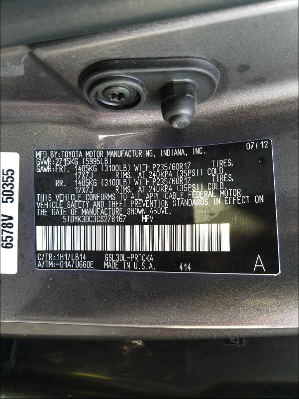 Photo 9 VIN: 5TDYK3DC3CS278167 - TOYOTA SIENNA XLE 