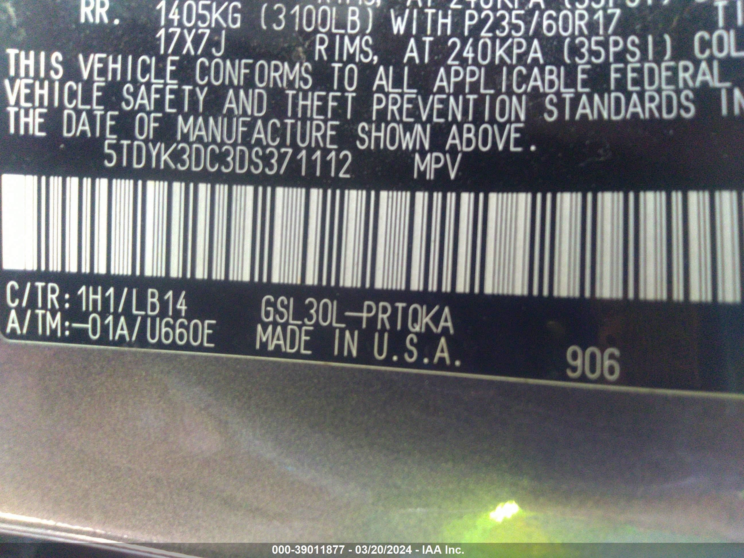 Photo 8 VIN: 5TDYK3DC3DS371112 - TOYOTA SIENNA 