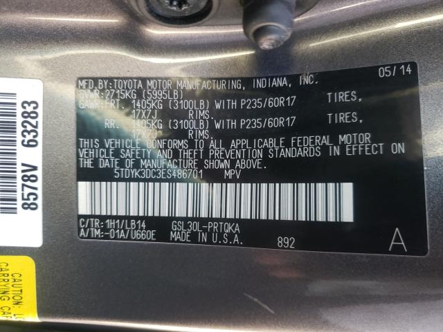 Photo 9 VIN: 5TDYK3DC3ES486701 - TOYOTA SIENNA XLE 