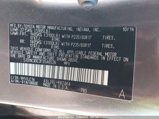 Photo 8 VIN: 5TDYK3DC3FS546526 - TOYOTA SIENNA 