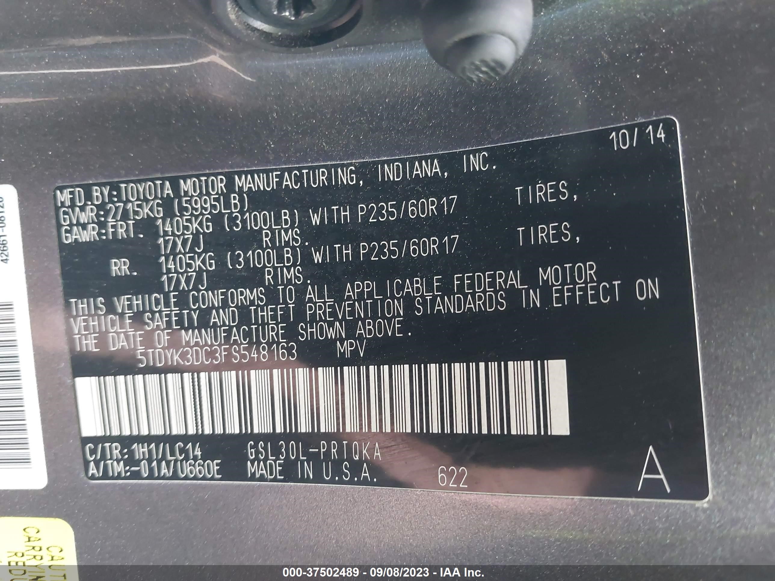 Photo 8 VIN: 5TDYK3DC3FS548163 - TOYOTA SIENNA 