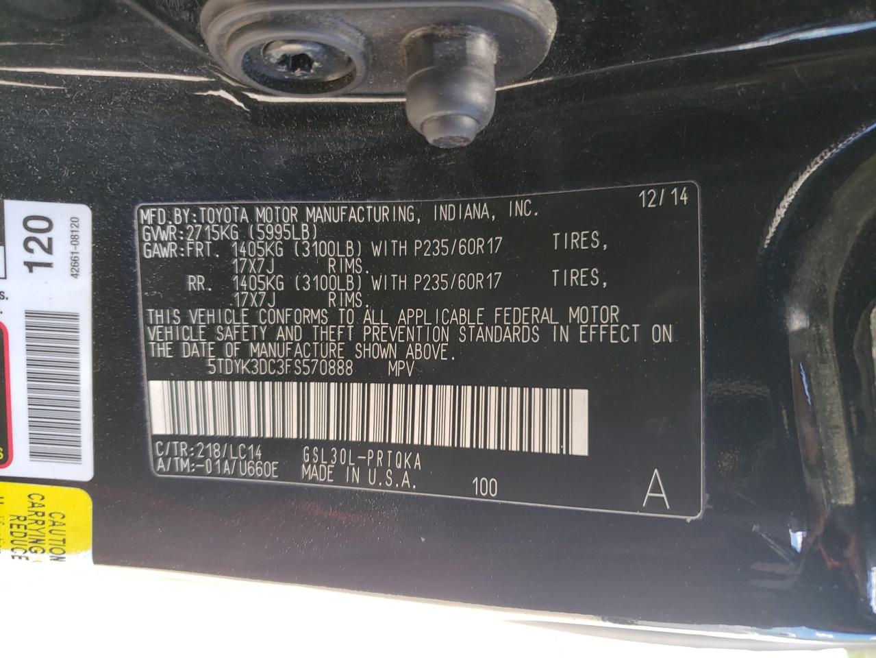 Photo 12 VIN: 5TDYK3DC3FS570888 - TOYOTA SIENNA 