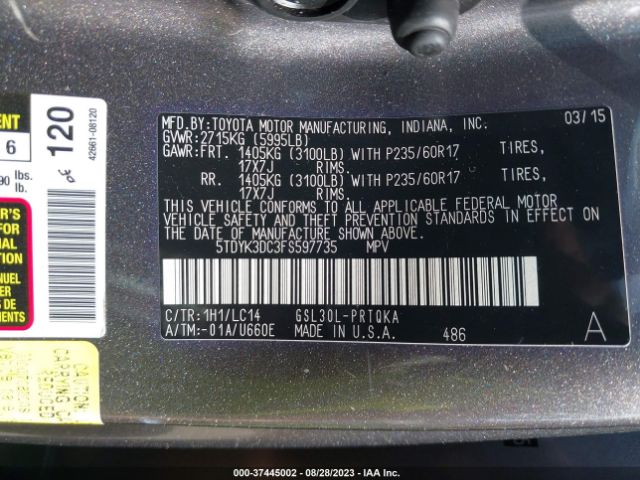 Photo 8 VIN: 5TDYK3DC3FS597735 - TOYOTA SIENNA 