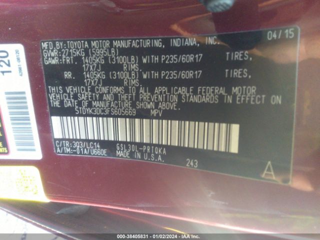 Photo 8 VIN: 5TDYK3DC3FS605669 - TOYOTA SIENNA 