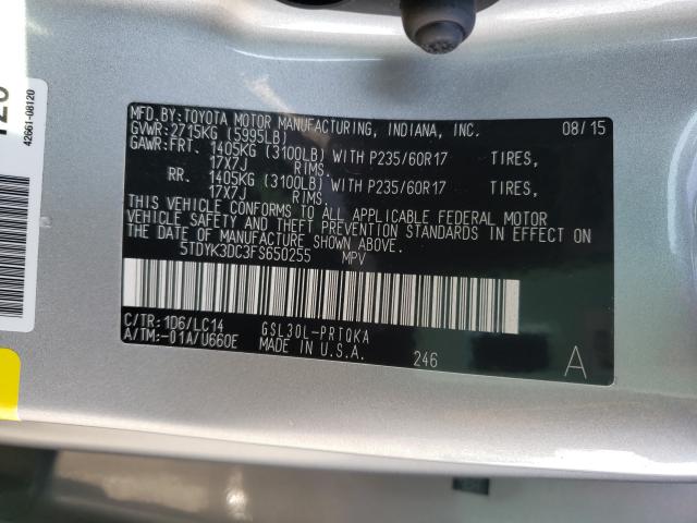 Photo 9 VIN: 5TDYK3DC3FS650255 - TOYOTA SIENNA XLE 