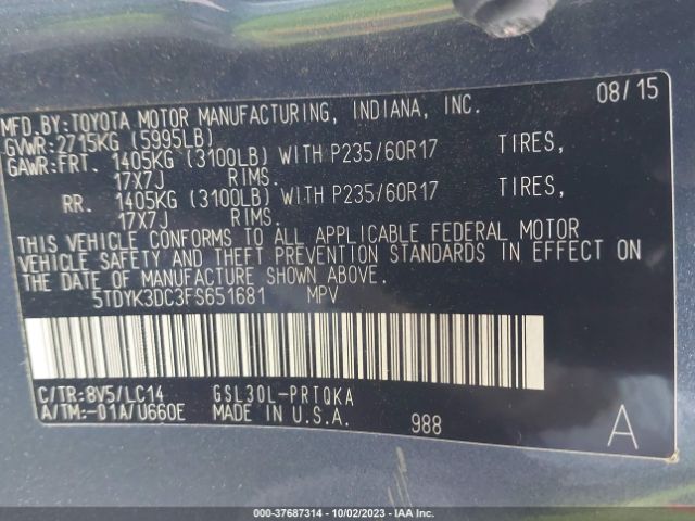 Photo 8 VIN: 5TDYK3DC3FS651681 - TOYOTA SIENNA 