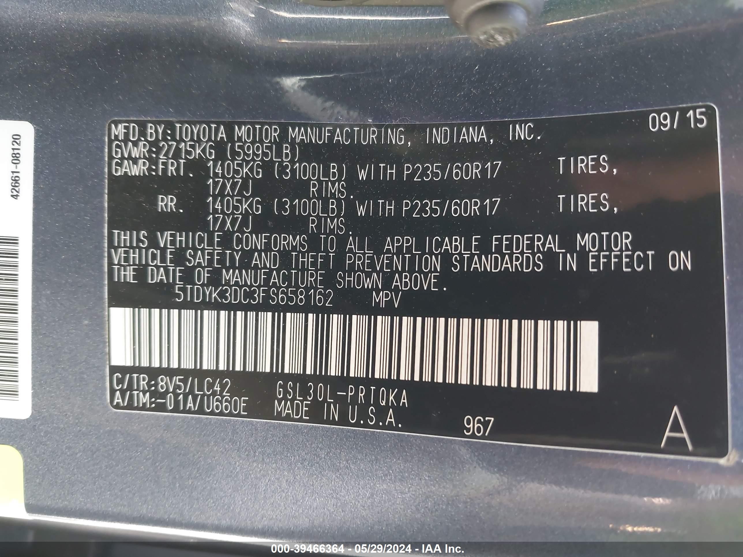 Photo 8 VIN: 5TDYK3DC3FS658162 - TOYOTA SIENNA 