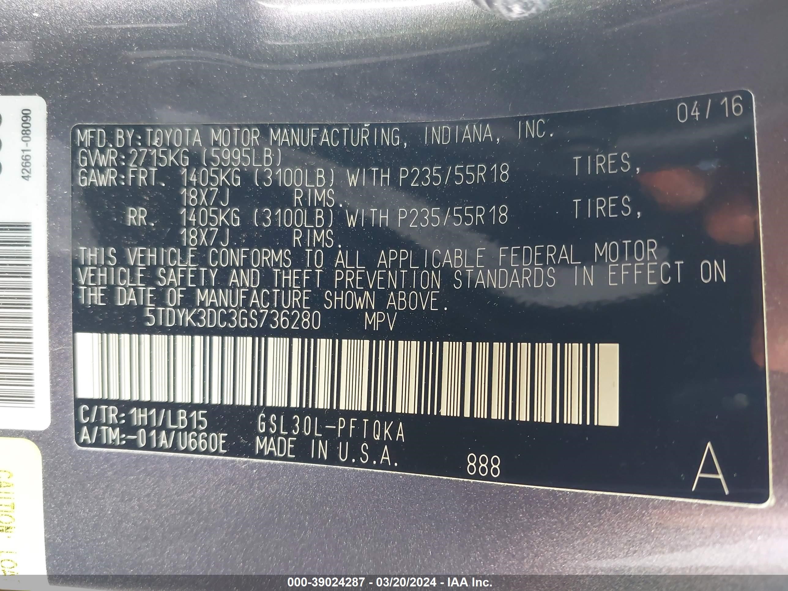 Photo 8 VIN: 5TDYK3DC3GS736280 - TOYOTA SIENNA 