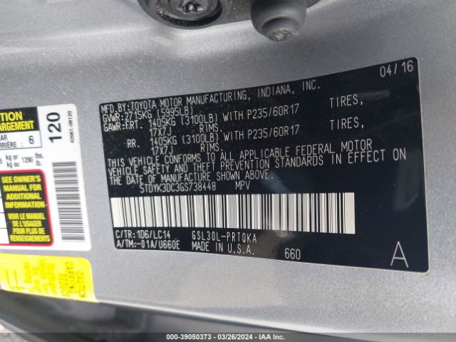 Photo 8 VIN: 5TDYK3DC3GS738448 - TOYOTA SIENNA 