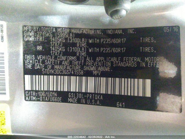 Photo 8 VIN: 5TDYK3DC3GS741558 - TOYOTA SIENNA 