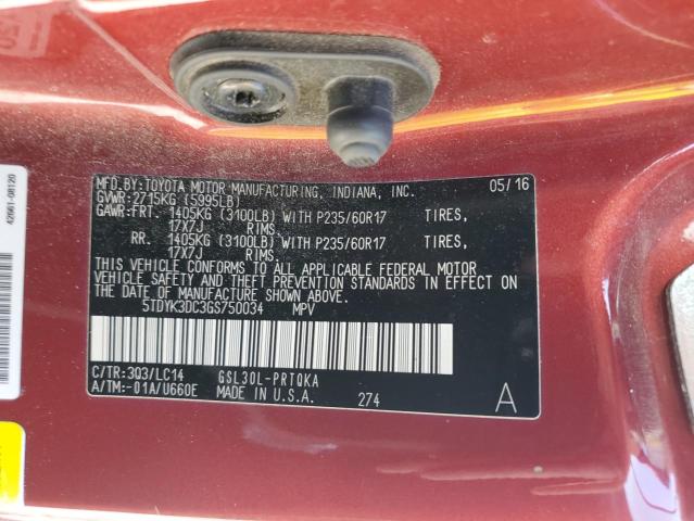 Photo 12 VIN: 5TDYK3DC3GS750034 - TOYOTA SIENNA XLE 