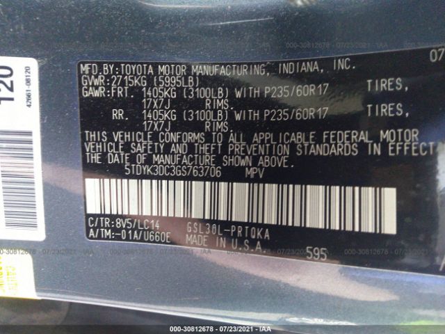 Photo 8 VIN: 5TDYK3DC3GS763706 - TOYOTA SIENNA 