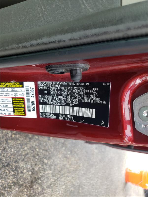 Photo 9 VIN: 5TDYK3DC4CS275617 - TOYOTA SIENNA XLE 