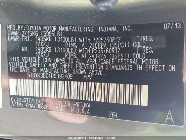 Photo 8 VIN: 5TDYK3DC4DS393409 - TOYOTA SIENNA 