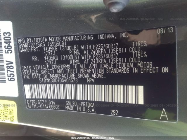 Photo 8 VIN: 5TDYK3DC4DS401573 - TOYOTA SIENNA 