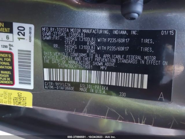 Photo 8 VIN: 5TDYK3DC4FS579681 - TOYOTA SIENNA 