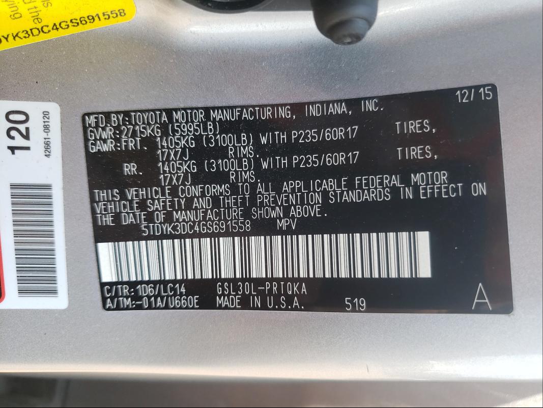 Photo 9 VIN: 5TDYK3DC4GS691558 - TOYOTA SIENNA 