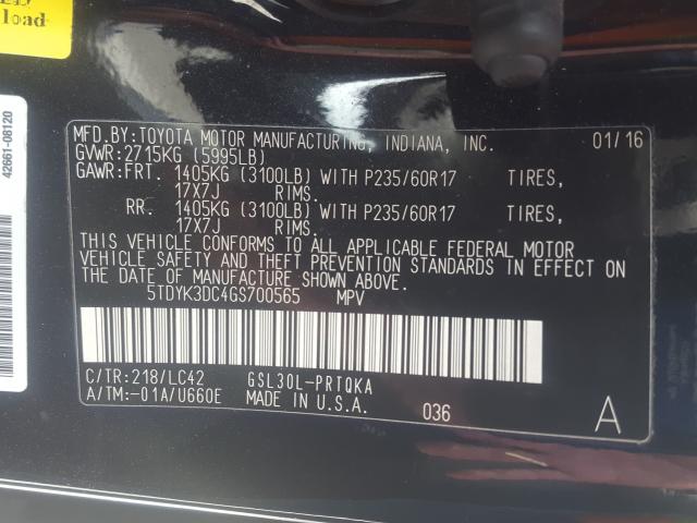 Photo 9 VIN: 5TDYK3DC4GS700565 - TOYOTA SIENNA XLE 