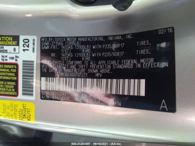 Photo 8 VIN: 5TDYK3DC4GS707211 - TOYOTA SIENNA 