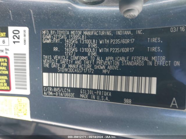 Photo 8 VIN: 5TDYK3DC4GS717172 - TOYOTA SIENNA 