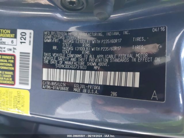 Photo 8 VIN: 5TDYK3DC4GS731833 - TOYOTA SIENNA 