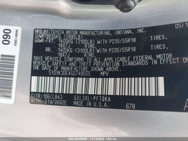 Photo 8 VIN: 5TDYK3DC4GS749555 - TOYOTA SIENNA 