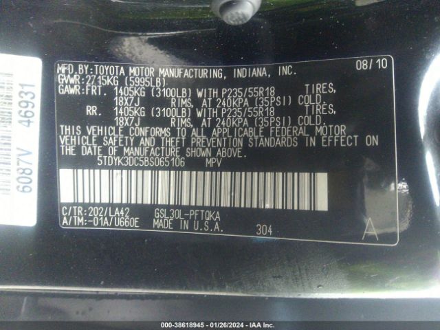 Photo 8 VIN: 5TDYK3DC5BS065106 - TOYOTA SIENNA 