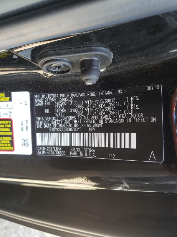 Photo 9 VIN: 5TDYK3DC5BS070015 - TOYOTA SIENNA XLE 