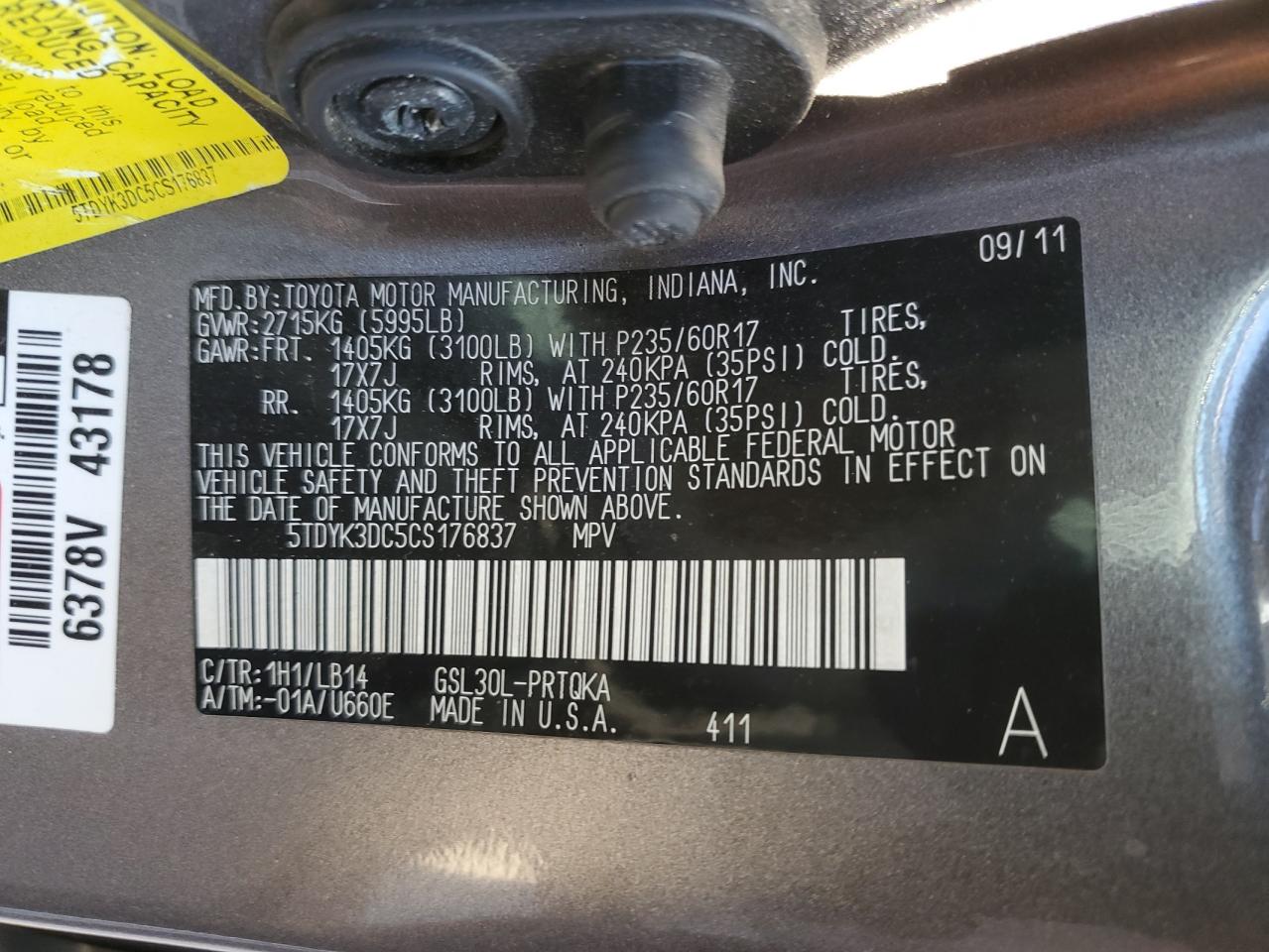 Photo 12 VIN: 5TDYK3DC5CS176837 - TOYOTA SIENNA 