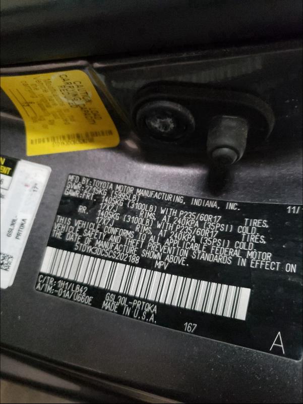 Photo 9 VIN: 5TDYK3DC5CS202188 - TOYOTA SIENNA XLE 