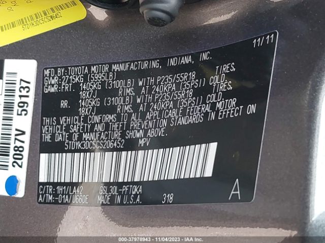 Photo 8 VIN: 5TDYK3DC5CS206452 - TOYOTA SIENNA 