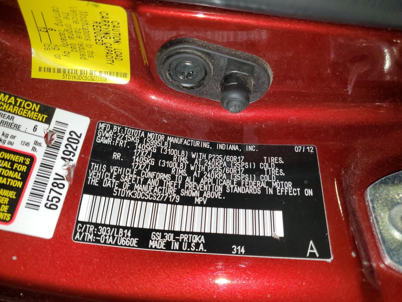 Photo 12 VIN: 5TDYK3DC5CS277179 - TOYOTA SIENNA 