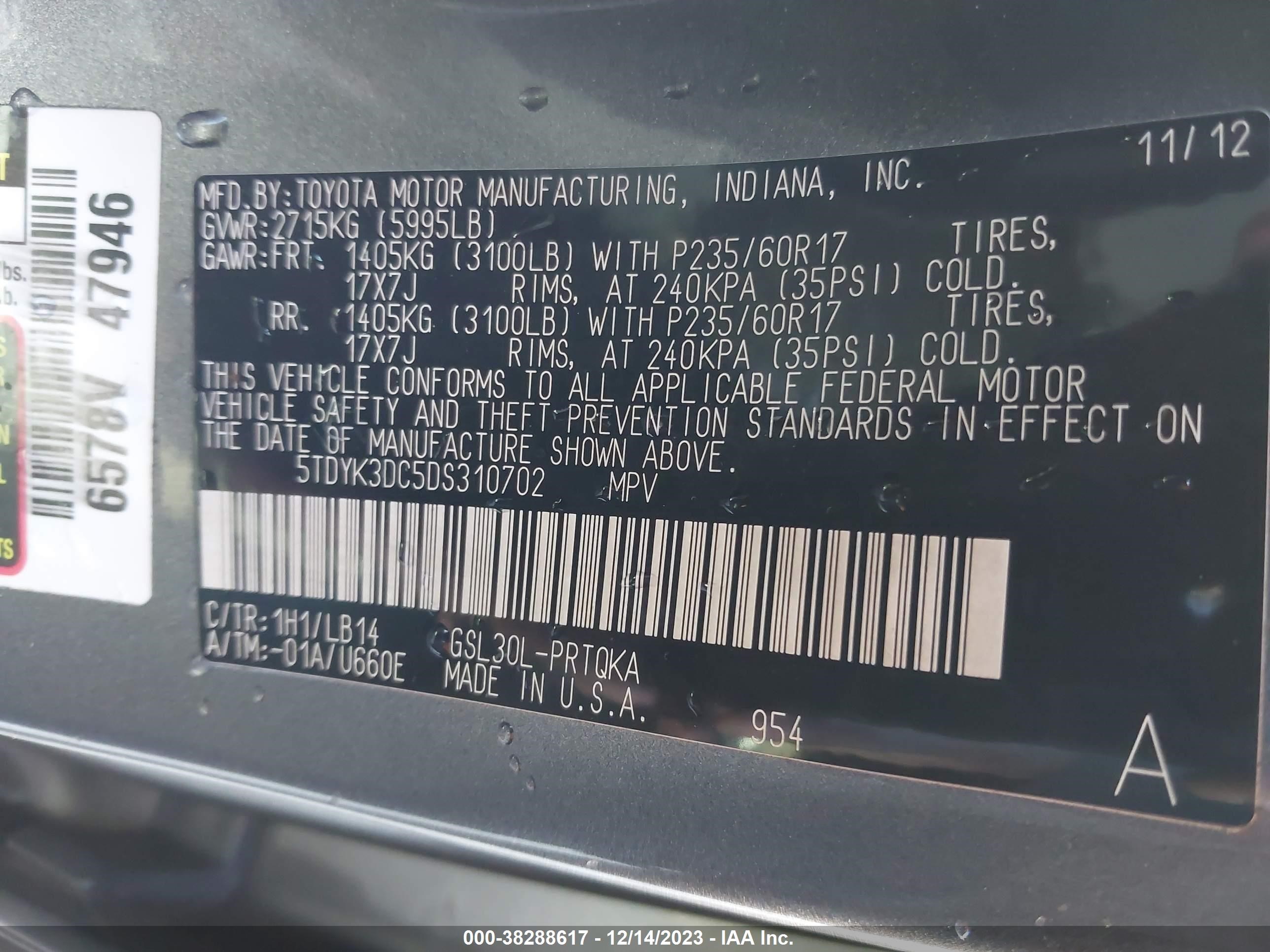 Photo 8 VIN: 5TDYK3DC5DS310702 - TOYOTA SIENNA 