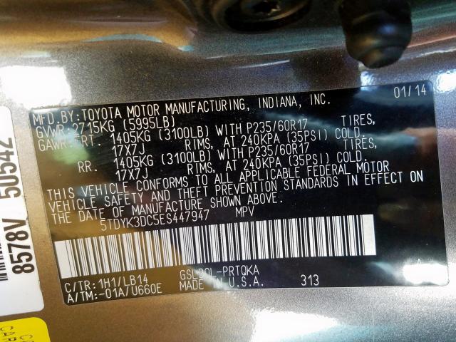 Photo 9 VIN: 5TDYK3DC5ES447947 - TOYOTA SIENNA XLE 