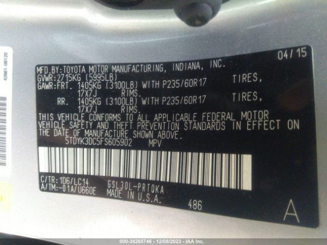 Photo 8 VIN: 5TDYK3DC5FS605902 - TOYOTA SIENNA 